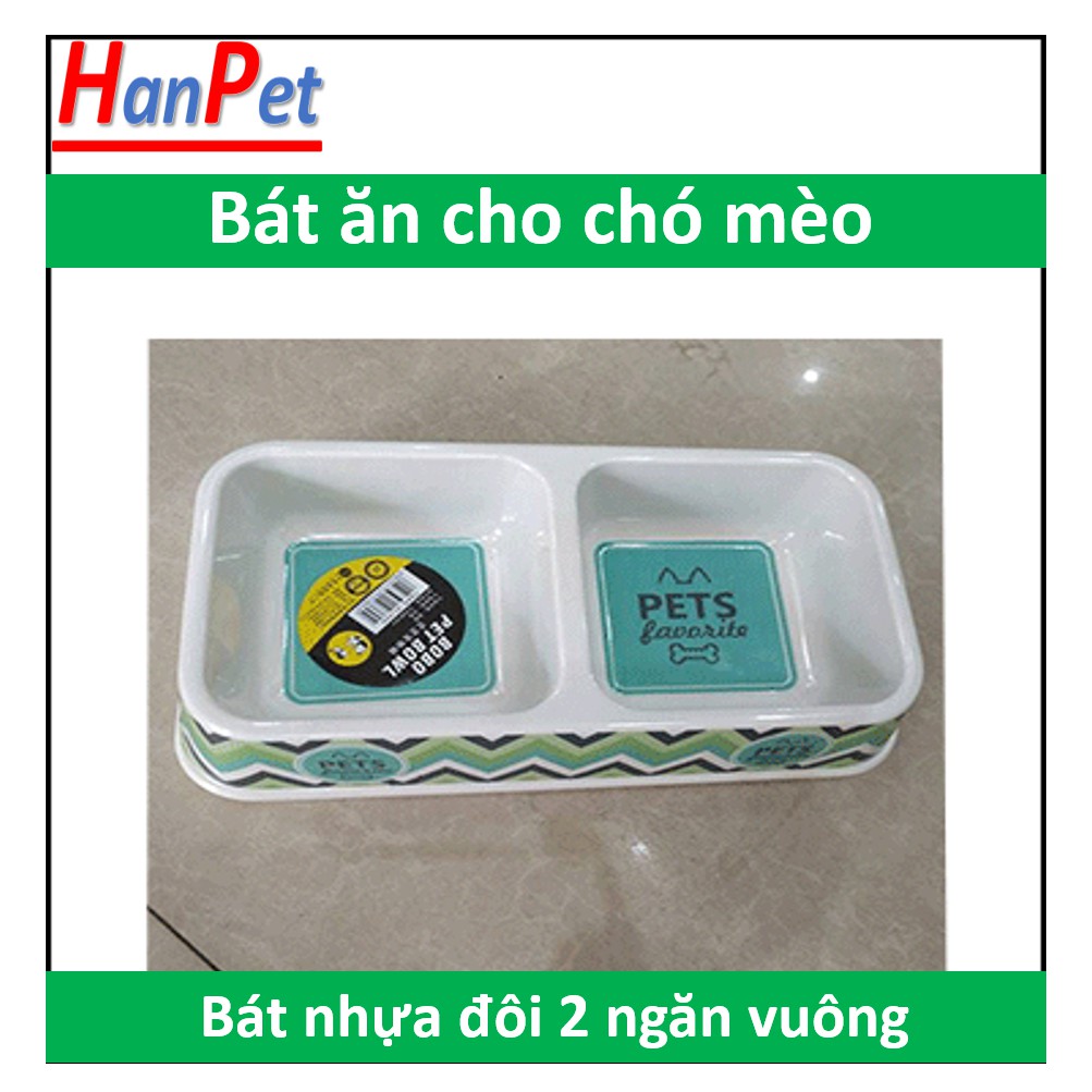 Bát ăn chó mèo 2 ngăn (2 loại) Bát nhựa đôi ăn uống 2 ngăn vuông hoặc tròn, chén ăn uống thú cưng