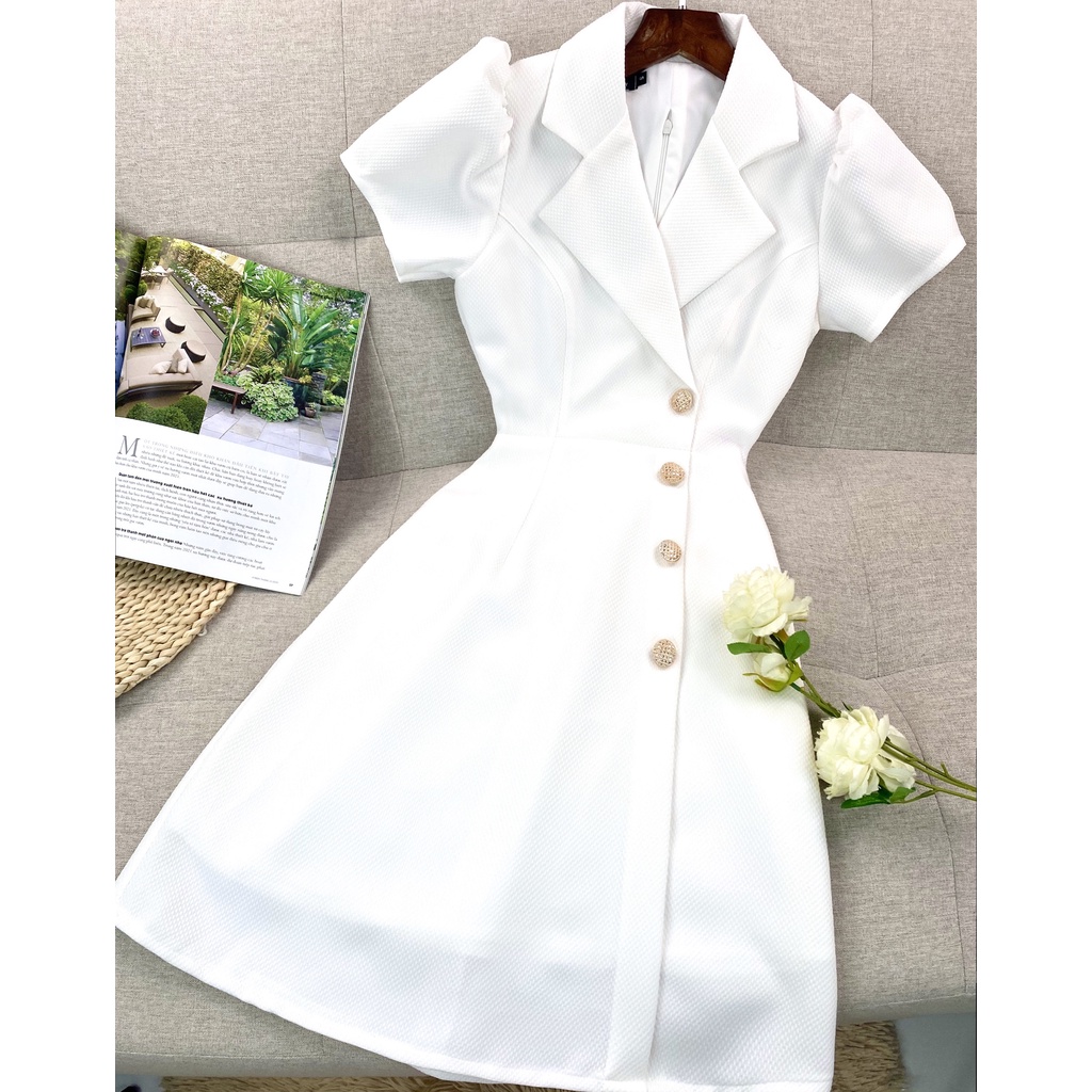 Đầm trắng cổ vest dự tiệc sang trọng chữ a tay phồng thanh lịch thiết kế cao cấp đẹp đi tiệc đi làm - Thời trang Lux W