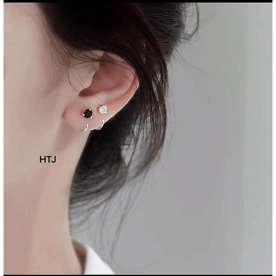 Bông tai nữ bạc ta dáng cong gắn đá nhỏ xinh xắn - Kho sỉ bạc Nhất Linh