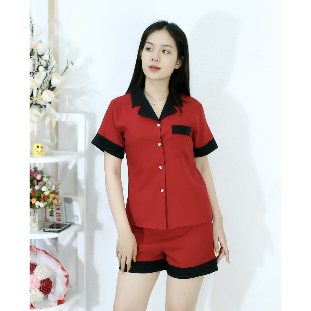 [HÌNH THẬT] Bộ đồ Pijama ngắn mặc nhà MÀU ĐỎ ĐÔ PHA CỔ ĐEN - Vải Siêu Lụa Cao Cấp - Mềm Mại Êm Ái