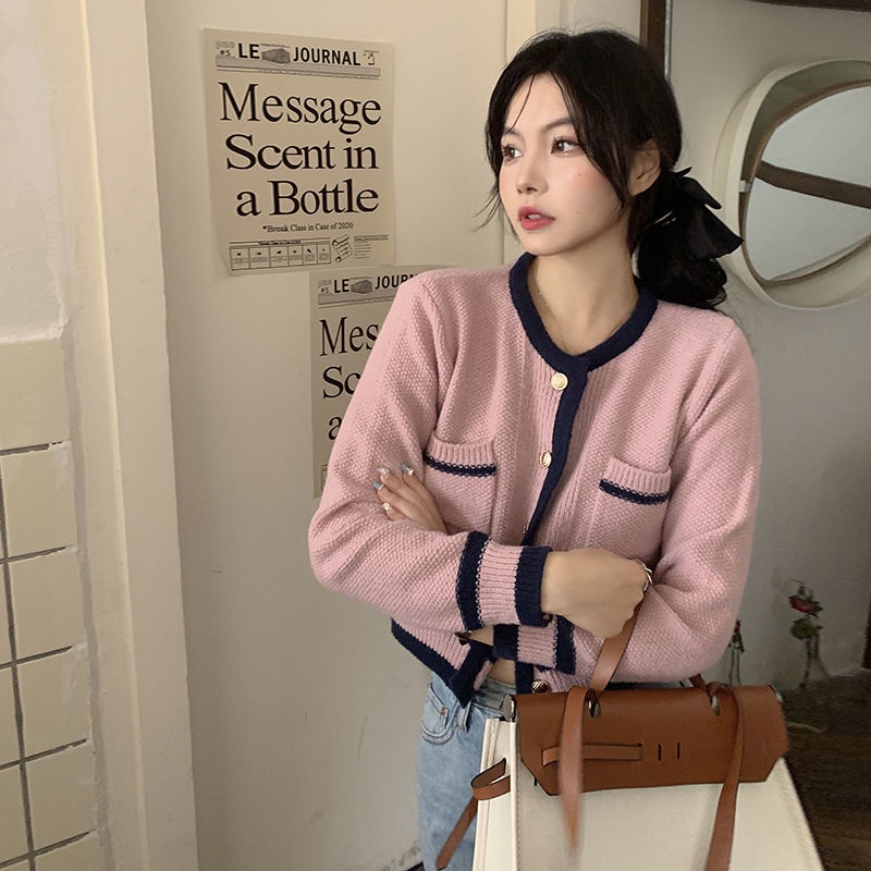 Áo Cardigan Dệt Kim Tay Dài Màu Tương Phản Thời Trang Mùa Thu Mới