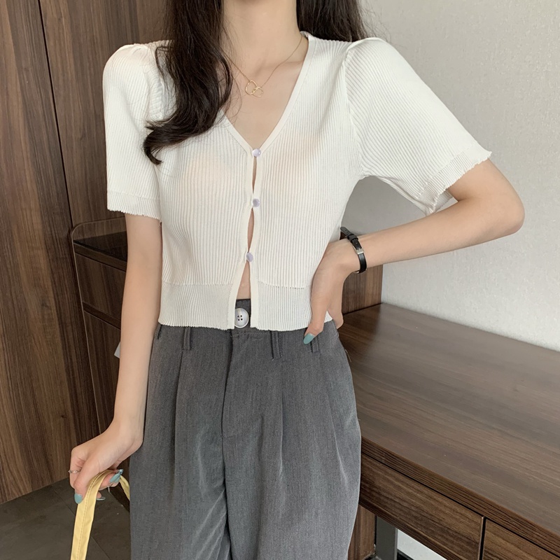 Áo sweater dệt kim Xiaozhainv tay ngắn phồng cổ chữ v 3 màu lựa chọn phong cách vintage thời trang cho nữ