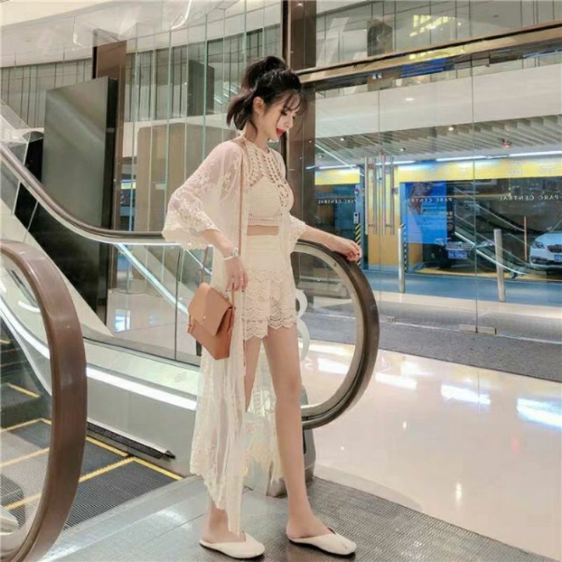 Bikini Len Đi Biển, Set Bikini Ren 3 Món Quảng Châu Dạng Yếm Khoác Dài, Đồ Tắm Biển Nữ