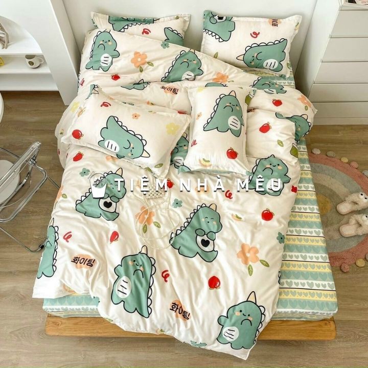 ( Giảm 30k - TIEM5SG  ) Set Chăn Ga Gối 4 Món Cotton 3D - Cotton 80% Dino Xanh Cao Cấp Nhập Khẩu