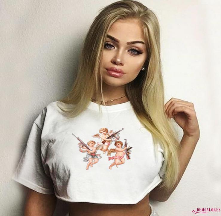 Áo Croptop Ngắn Tay In Hình Thiên Thần Cho Nữ