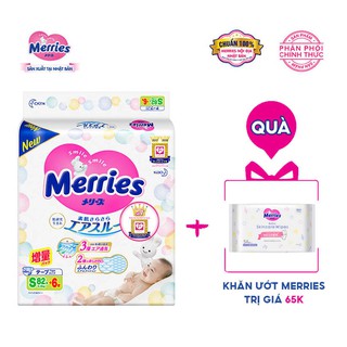 Tặng khăn ướt Tã/bỉm dán Merries size S - 82 + 6 miếng (Cho bé 4-8kg)