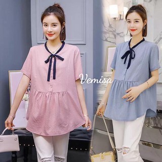 Áo bầu sơ mi cộc tay kẻ sọc phối nơ cổ a23