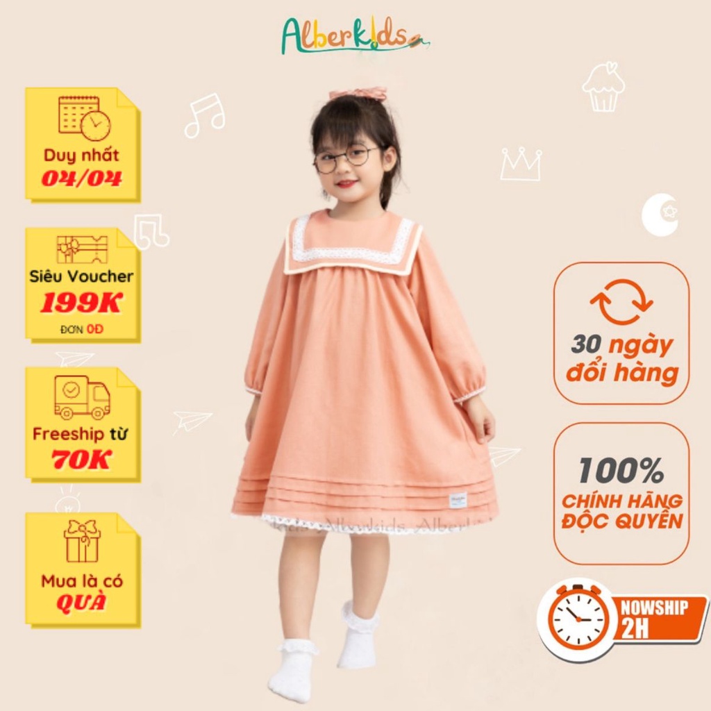 Váy bé gái ALBERKIDS tay dài HỒNG Lola công chúa xinh đẹp cho trẻ em gái từ 2,3,4,