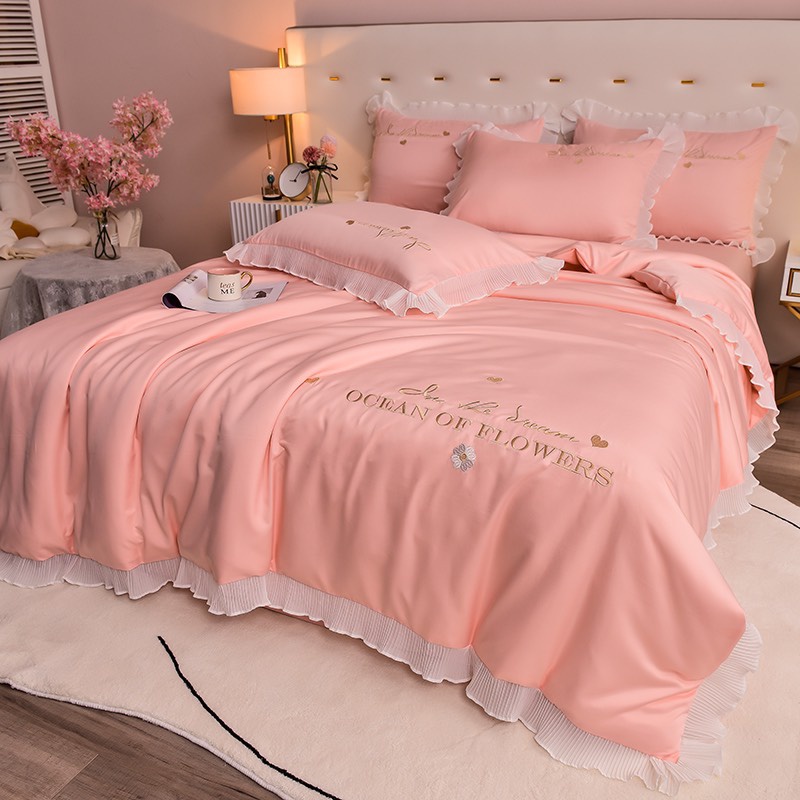 Bộ chăn ga gối lụa viền bèo công chúa xinh xắn, ga trải giường và vỏ gối chất liệu lụa nhập khẩu cao cấp đủ kích thước
