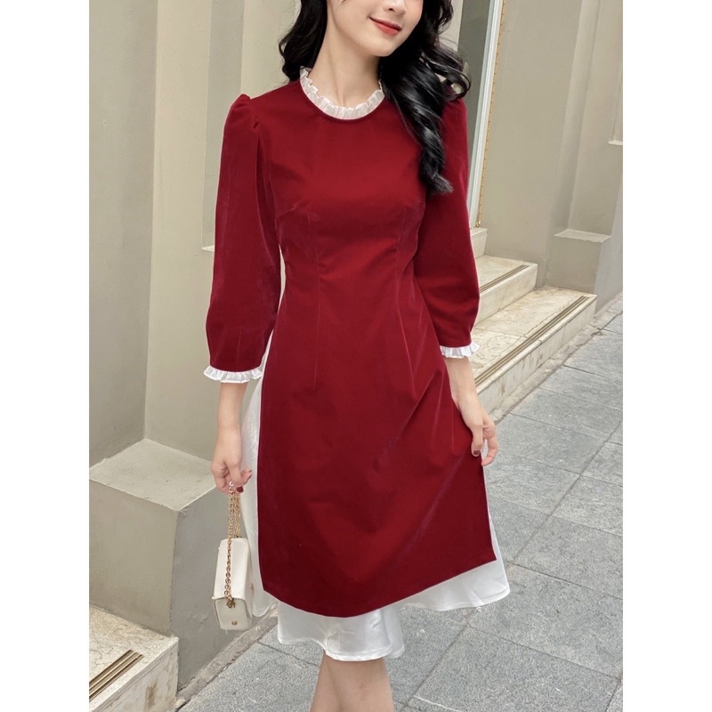 [HÀNG MỚI VỀ]SET ÁO DÀI ĐỎ CỔ BÈO MIX CHÂN VÁY TRẮNG TIỂU THƯ SANG CHẢNH