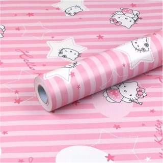decal giấy dán tường hello kitty sọc hồng ngôi sao keo sẵn khổ 10m x45cm