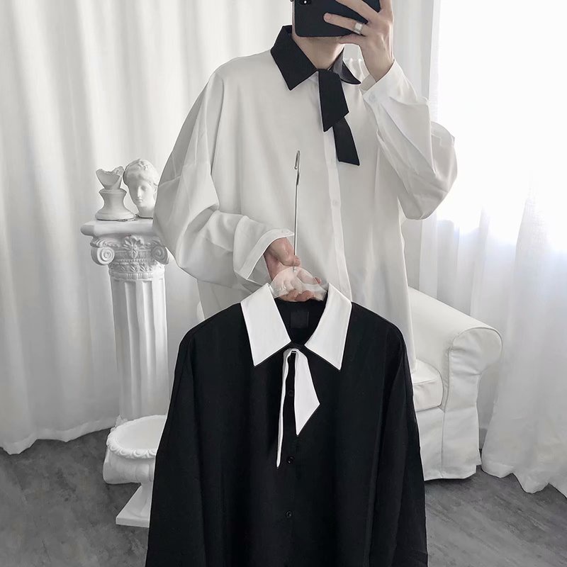 Áo Sơ Mi Trơn Tay Dài Dáng Rộng Thoáng Khí Phong Cách Hip Hop Đường Phố Hàn Quốc Cho Nam