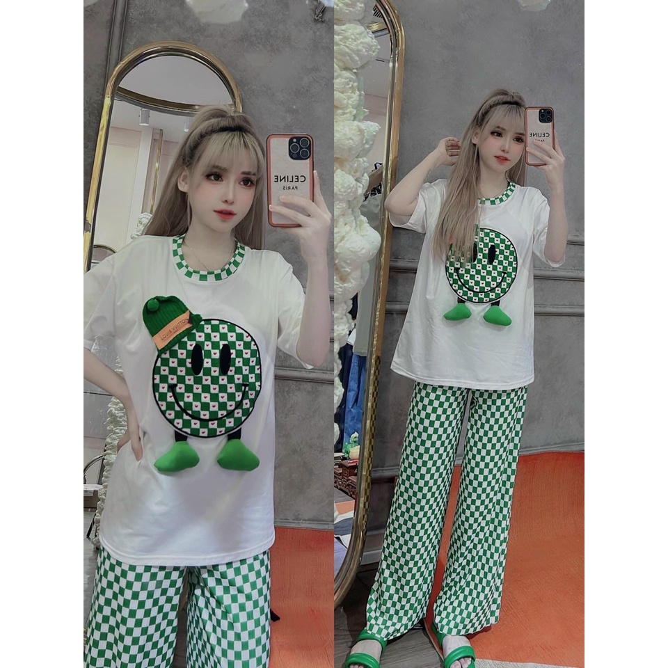 Set áo phông mặc cười quần suông ống rộng caro xanh, set bộ đi chơi áo thun from rộng quần kẻ ô vuông dễ thương