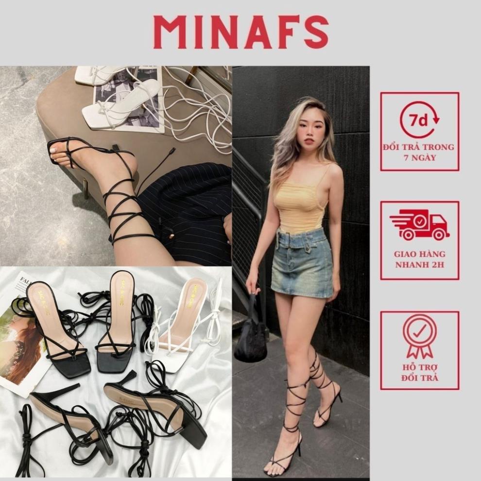 Giày Sandal Buộc Dây MINAFS Guốc Nhọn Đan Mảnh Cột Cao Chiến Binh Gót Và Mũi Vuông 7p 9cm Màu Trắng Đen Xăng Đan Dây 💄