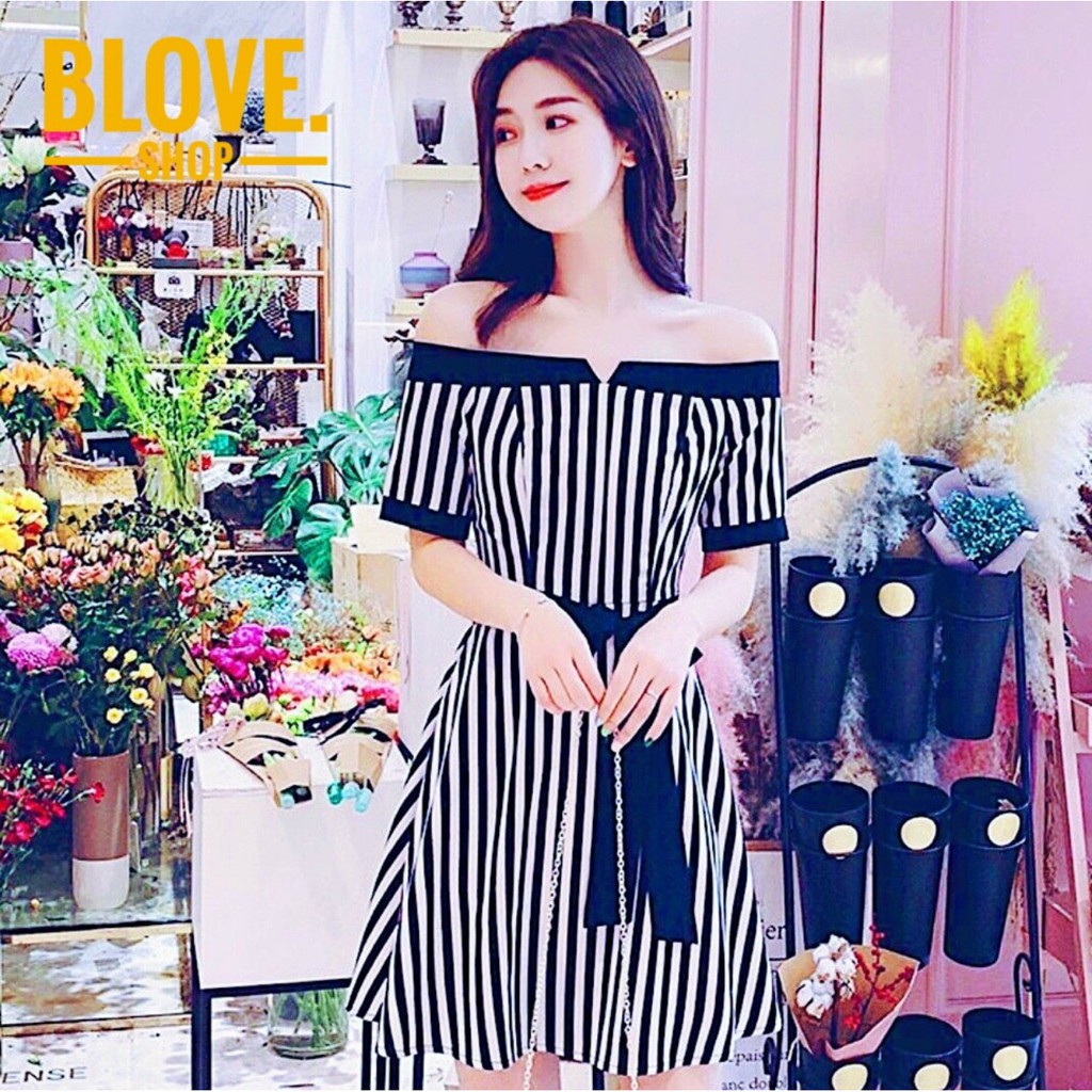 💢Đầm sọc xanh trễ vai