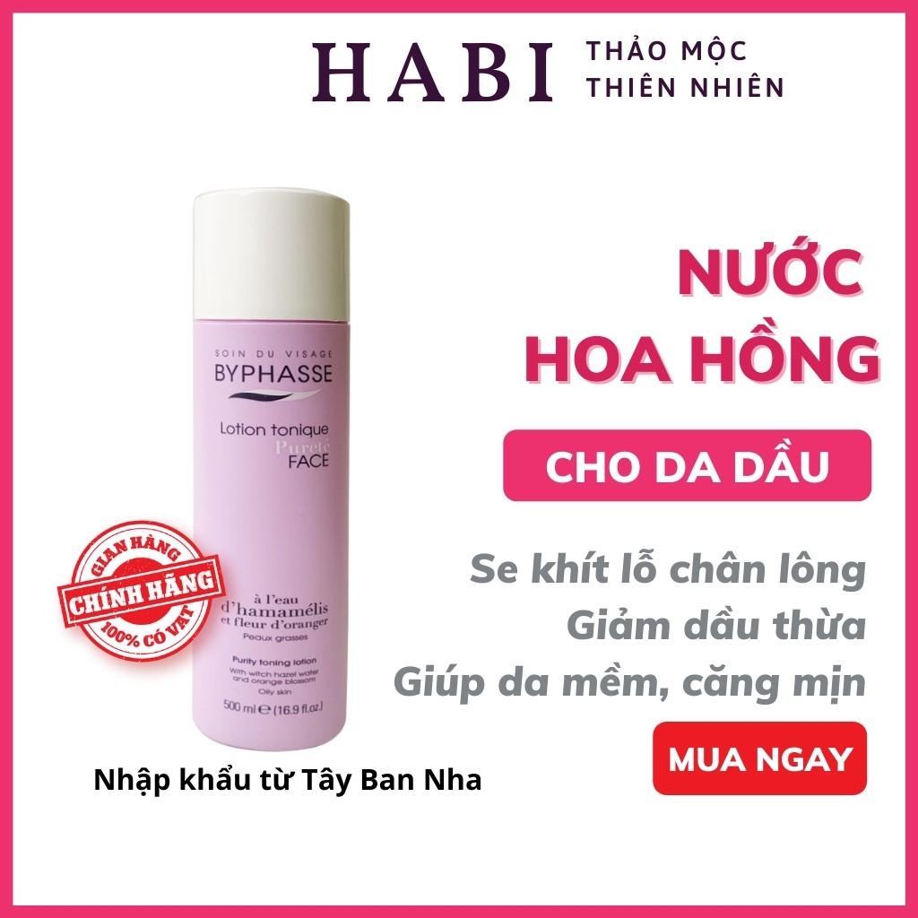 Nước hoa hồng dành cho da dầu Byphasse, toner cân bằng da se khít lỗ chân lông, giảm dầu thừa 500ml
