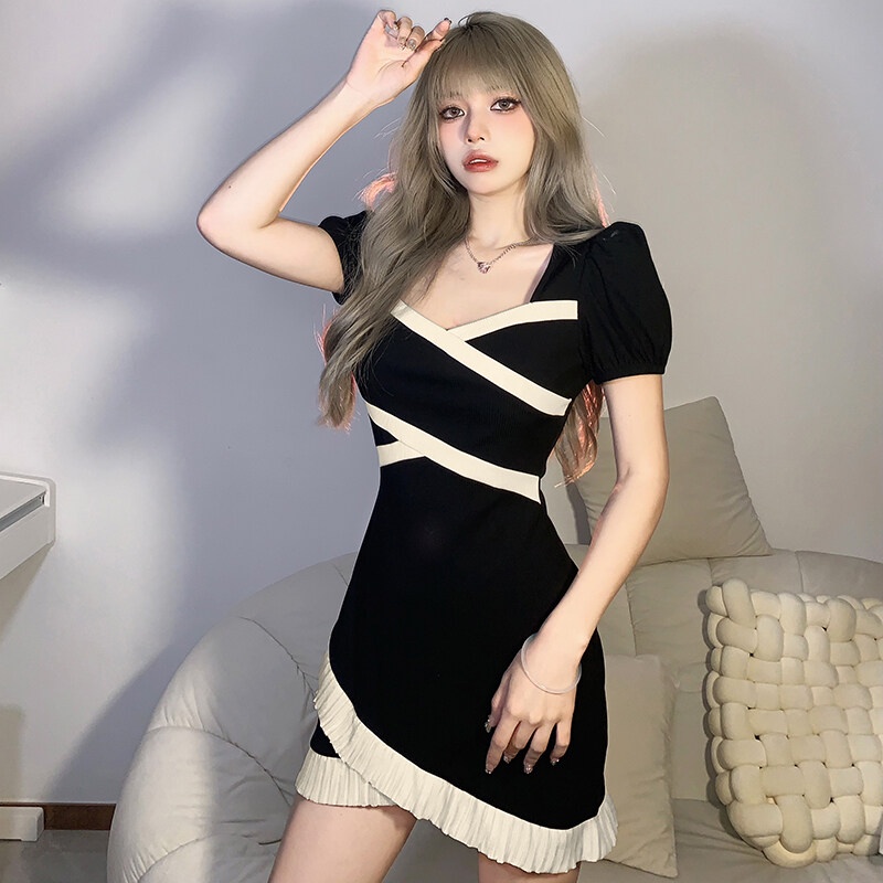 Kliou Đầm chữ A KLIOU tay phồng ngắn phối ren phong cách Pháp ngọt ngào thanh lịch cho nữ