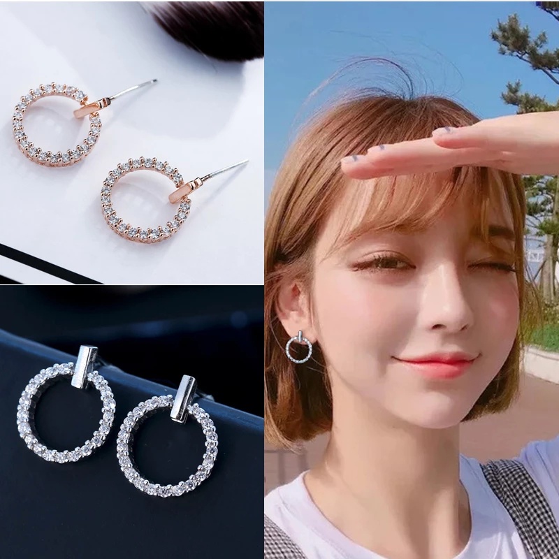 Bông tai tròn đính đá pha lê phong cách Hàn Quốc