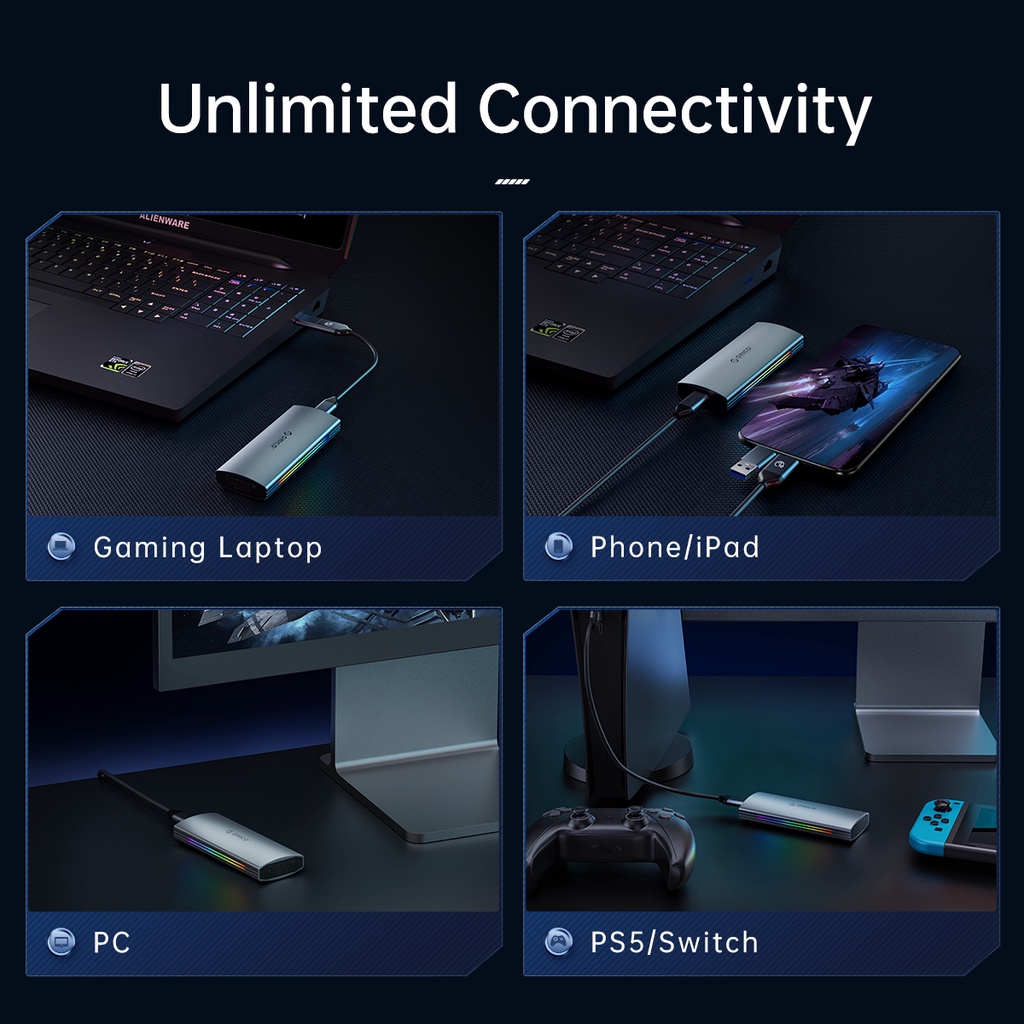 Vỏ ổ cứng ORICO M2R2 RGB 10Gbps M2 NVMe SSD USB3.1 Gen2 bằng nhôm dành cho máy chơi game