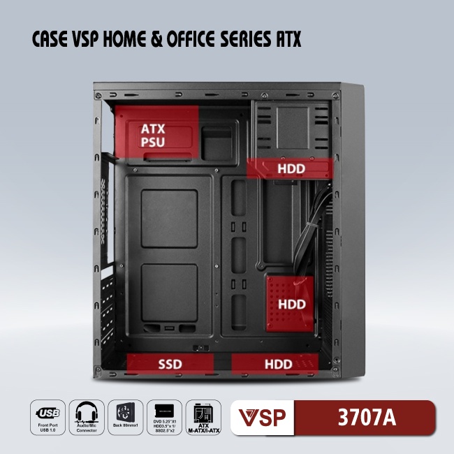 Vỏ máy tính Case VSP 3707A (ATX/MicroATX/ Mini-ITX) - Hãng phân phối