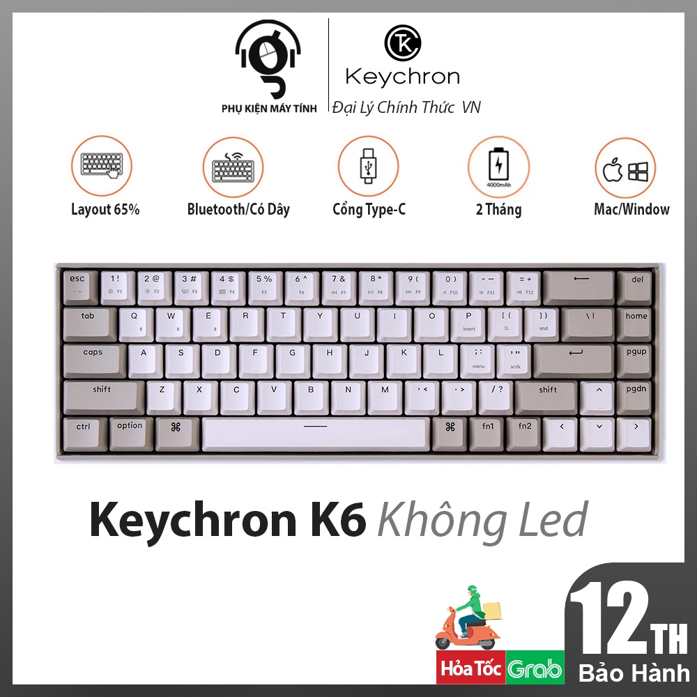 Bàn Phím Cơ Không Dây Keychron K6 Không Led -Hàng Chính Hãng