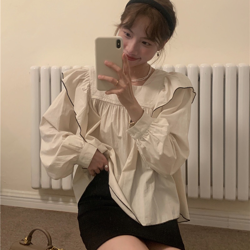 SUXI Áo Sơ Mi Tay Dài Cổ Vuông Màu Sắc Ngọt Ngào Phong Cách Hàn Quốc