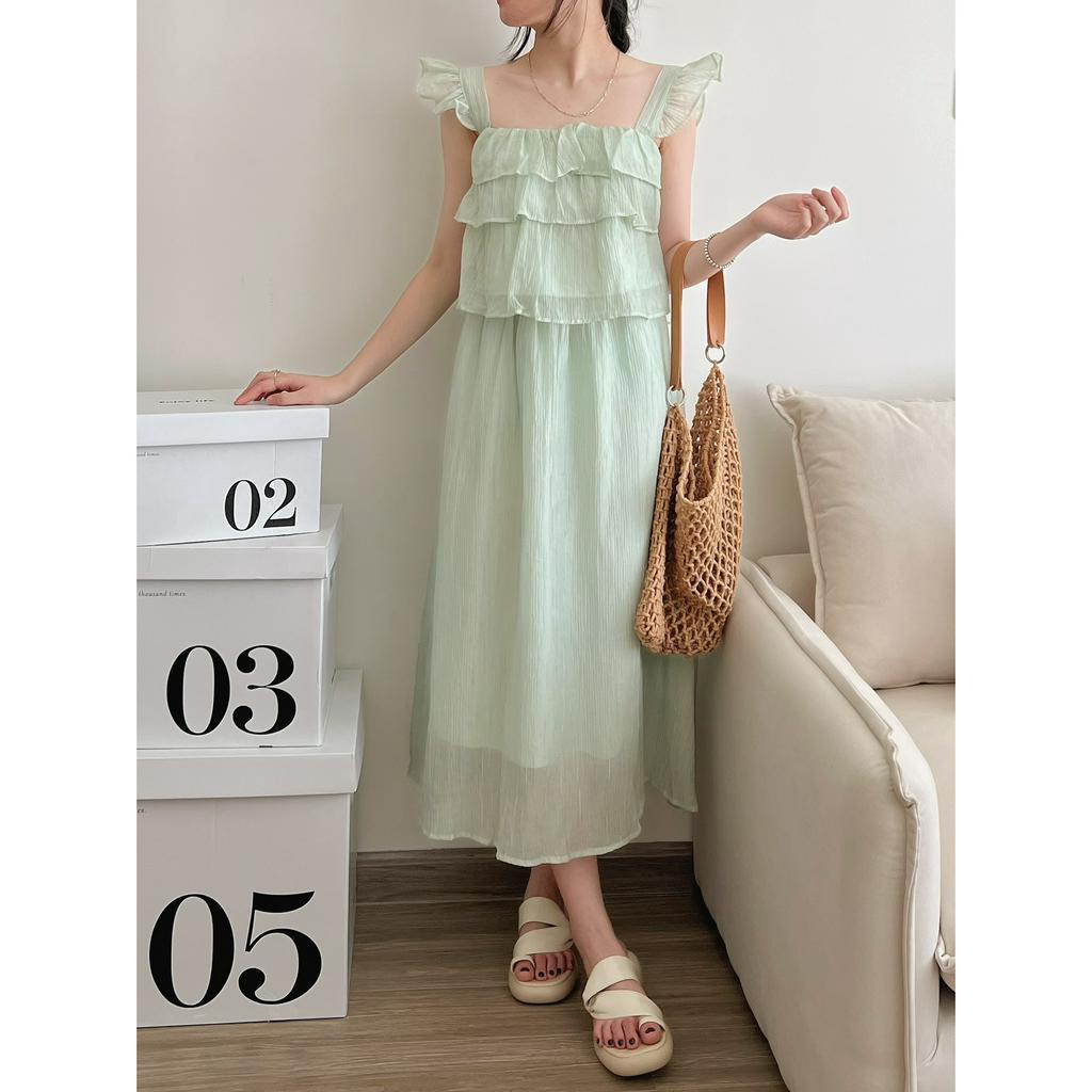 Set áo 2 dây cánh tiên tầng kèm chân váy dài chất tơ đũi