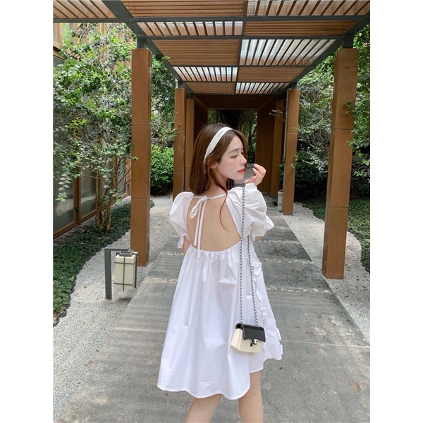 Váy Trắng Tiểu Thư Bánh Bèo - Đầm Babydoll Viền Bèo Hở Lưng Siêu Xinh