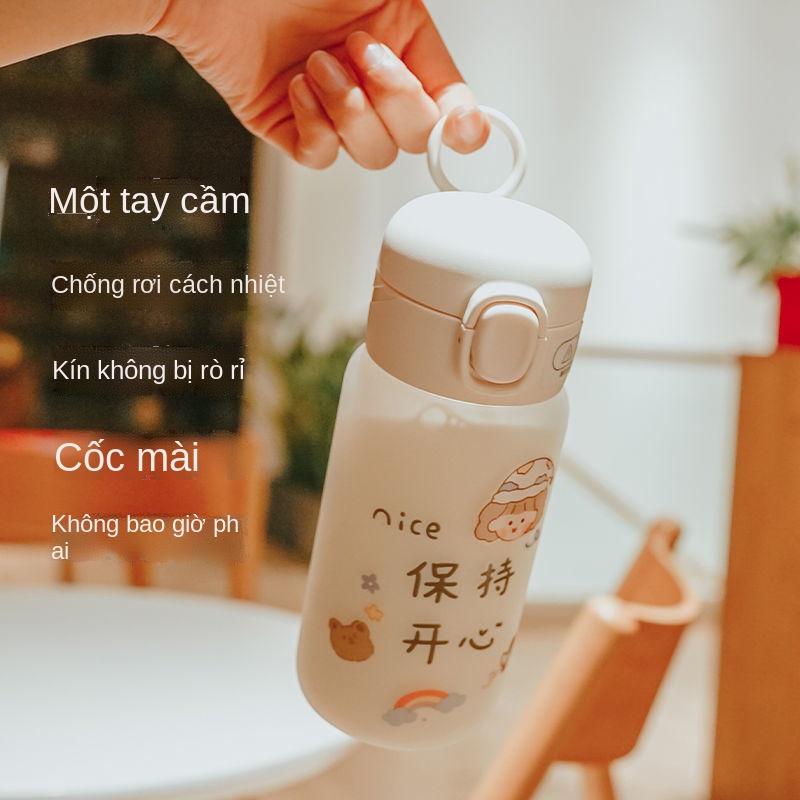 □●Cô gái sippy cốc thủy tinh có giá trị cao nữ sinh cốc nước phim hoạt hình cốc sữa mờ chịu nhiệt và chống rơi