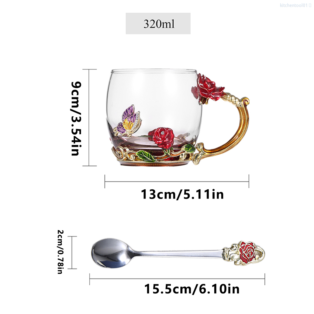 Water Mug Glass Flower Coffee Cup Decoration Gift Milk Tea Cup with Spoon, Red Rose, 320ml kitchentool01