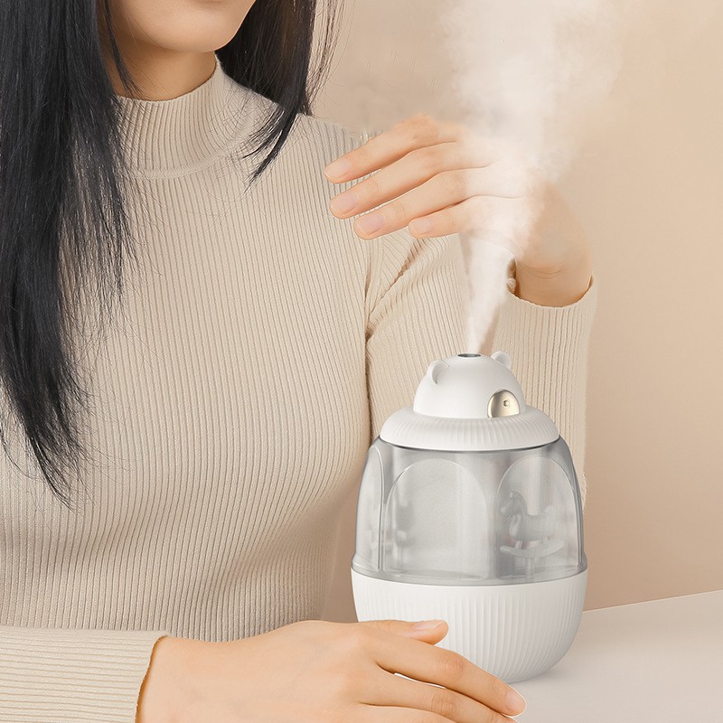 Máy phun sương tạo độ ẩm Fnelse khuếch tán tinh dầu có đèn thiết kế kiểu vòng xoay ngựa gỗ dễ thương 320ml