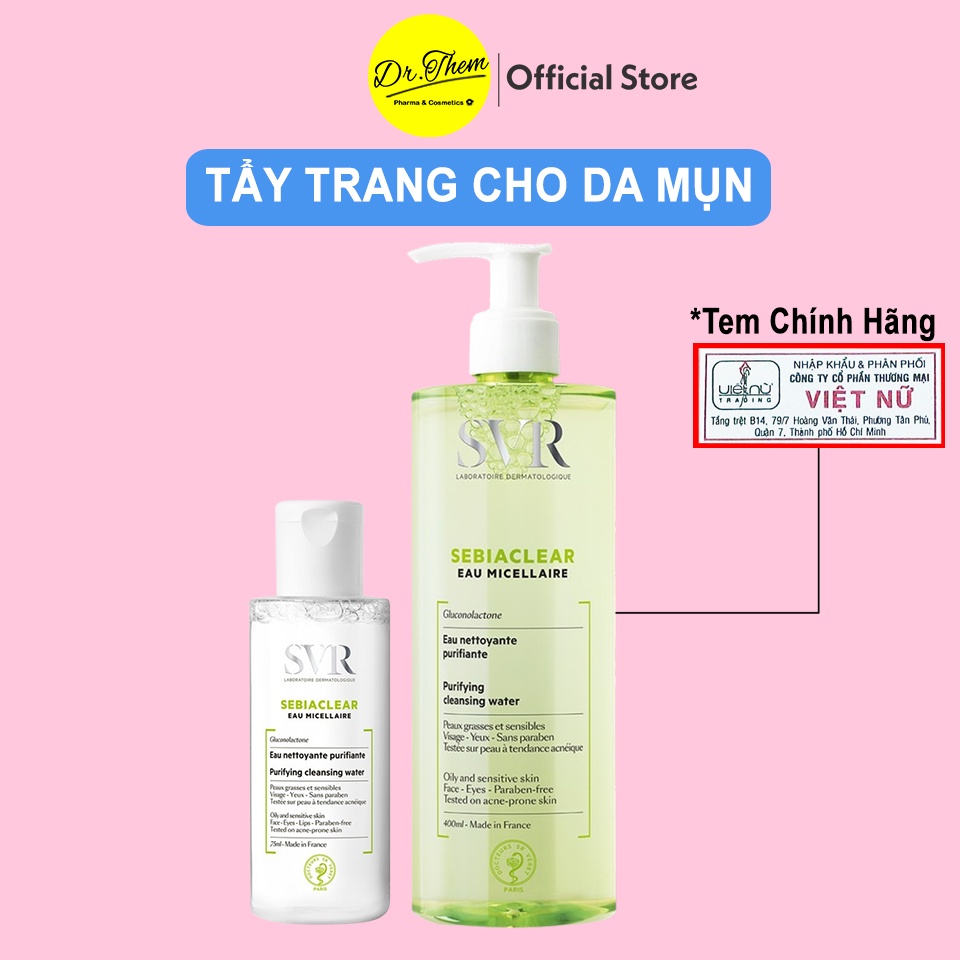 Nước Tẩy Trang SVR SEBIACLEAR Eau Micellaire 75ml - 400ml - Nước Làm Sạch và Giúp Loại Bỏ Dầu Cho Da Mụn