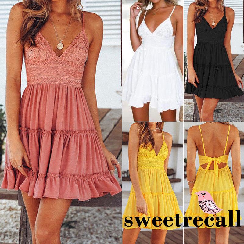 Women Dress, Solid Color Sling Deep V-Neck Waist Design Back Tie Lace, Loose Hollow Back Summer Dress for Beach, Vacation