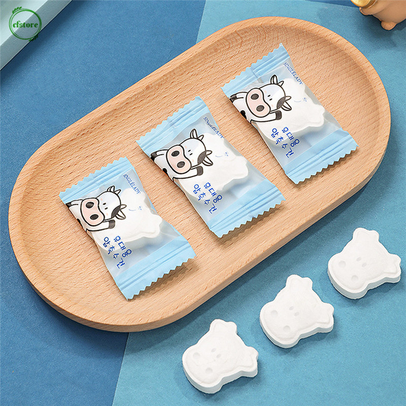 [Hàng mới về] 50 Khăn lau mặt dạng nén dùng một lần bao bì in hình bò sữa dễ thương