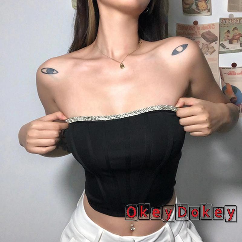 Áo croptop không tay hở vai đính đá quyến rũ cho nữ