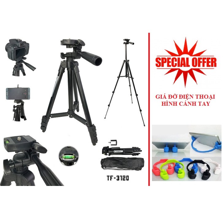 Combo chân đế chụp hình Tripod TF 3120 THẾ HỆ MỚI + Giá đỡ điện thoại hình cánh tay