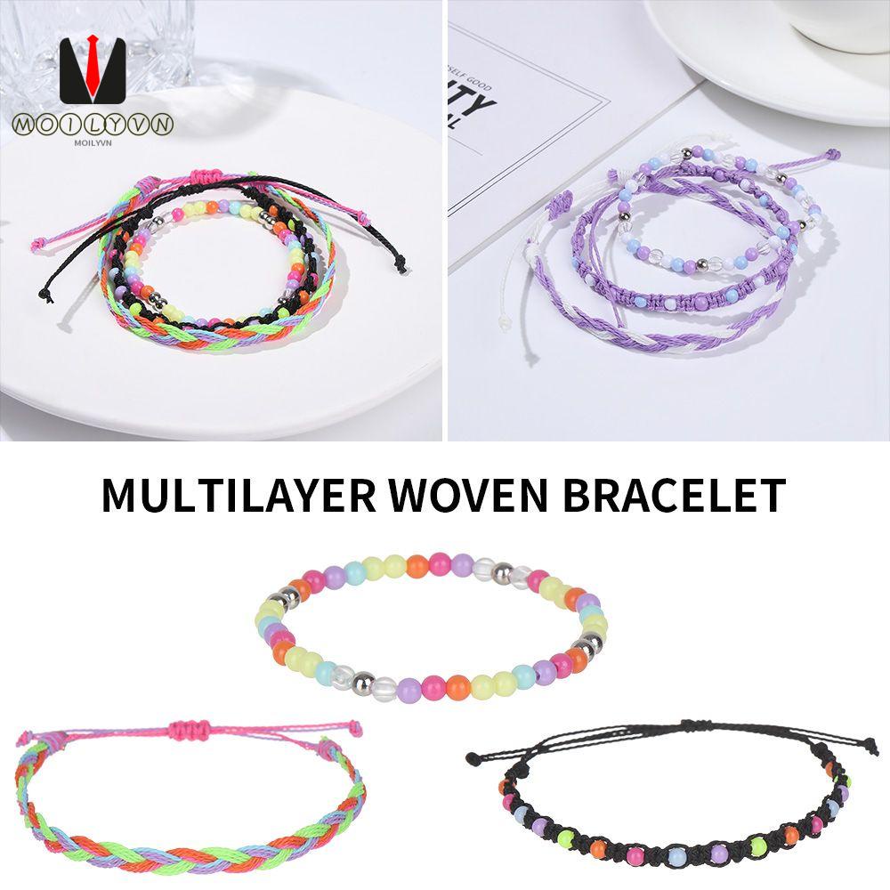 3Pcs/set Beads Bracelet Muti-layer Hand Woven Wax Thread Hand Rope Bohemian Colorful Jewelry