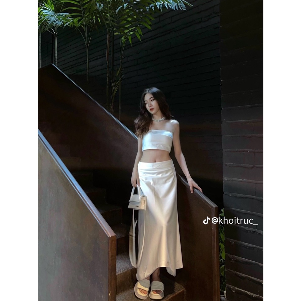 SET ÁO CROPTOP ỐNG CÚP NGỰC + CHÂN VÁY MIDI TRƠN TRẮNG