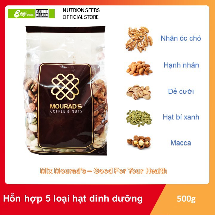 Hạt hỗn hợp mixed 5 loại hạt óc chó hạt dẻ cười macca bí xanh hạnh nhân Mourad's Úc 500 g