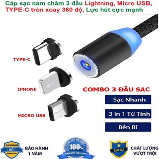 Dây Sạc Nam Châm 3 Đầu⚡Sạc Nhanh 2.4A + Xoay 360 Độ⚡Cáp Sạc Iphone/ Android/ Type C Có Đèn LED - BH 12 Tháng