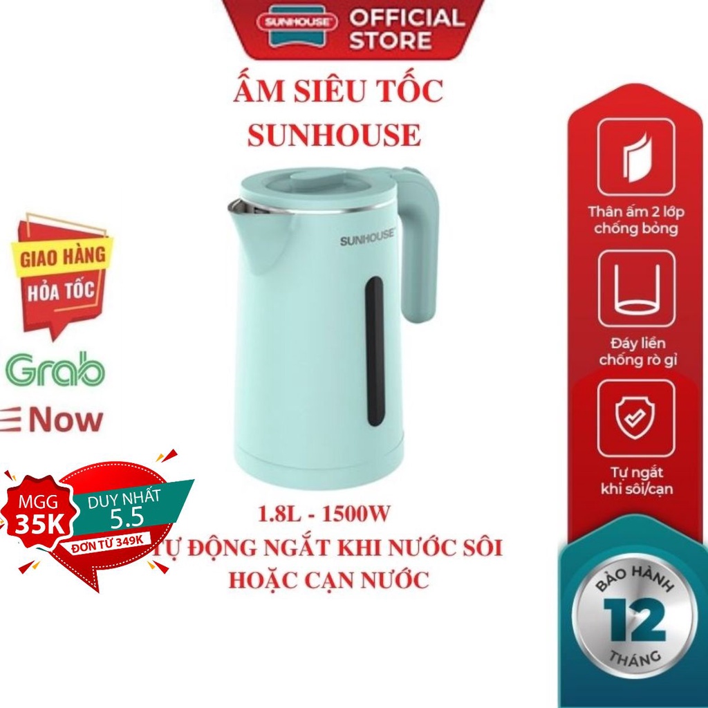 ấm đun nước siêu tốc SUNHOUSE SHD1351-2022 inox 2 lớp 1.8L nhiều kiểu bình đun nước siêu tốc Tự động tắt khi sôi