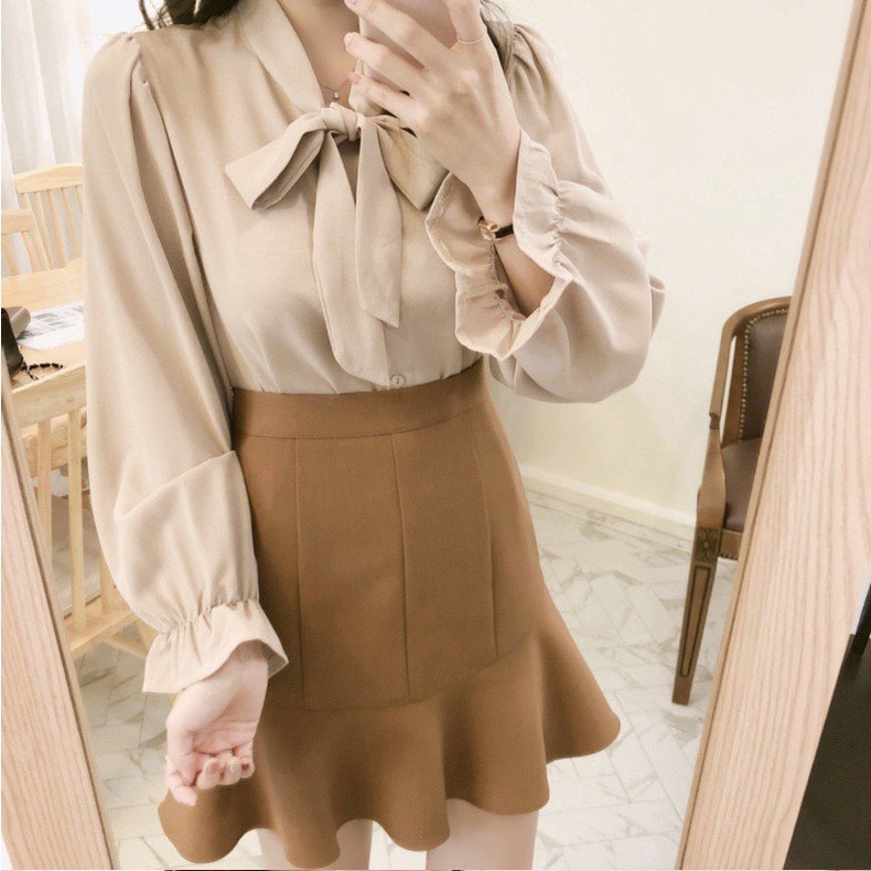 Áo Sơ Mi Thắt Nơ Cổ Chất Đũi Tay Bèo Hàn Quốc - Dáng Basic