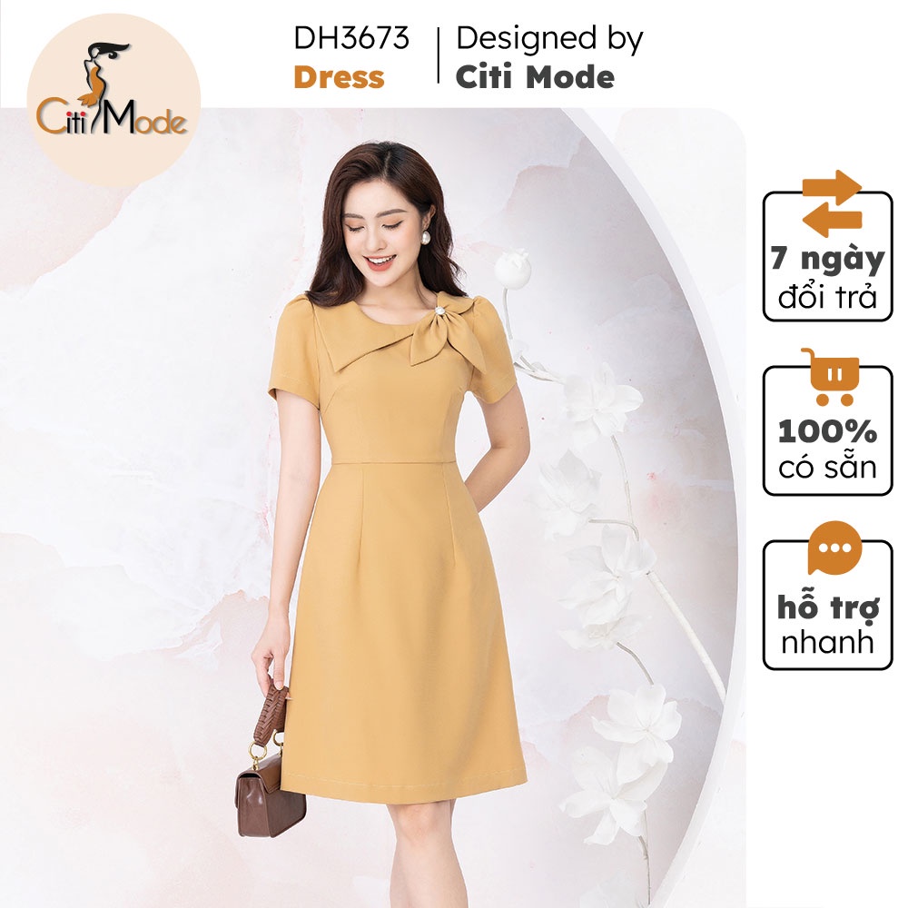 Đầm nữ thiết kế CITI MODE màu vàng dáng xòe cổ tròn phối nơ DH3673