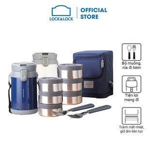 Bộ hộp cơm giữ nhiệt lock&lock easy carry 2.0l lhc8039. kèm dĩa, đũa.
