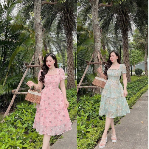 Váy Voan Hoa Nổi, Đầm Tầng Hai Lớp Ngực Xếp Ly Tay Bồng Chất Xịn Đi Dự Tiệc Dạ Hội Vải Mát