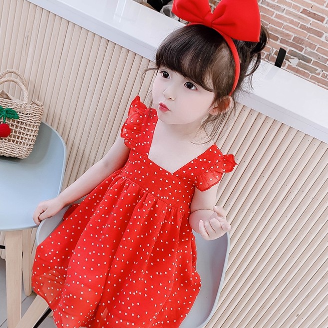 Đầm chiffon sát nách màu đỏ họa tiết chấm bi phong cách Hàn Quốc xinh xắn thời trang cho bé gái