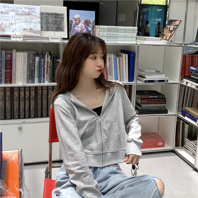WANG JIAO ZHAN Áo Khoác cardigan Mỏng Tay Dài Có Nón Dáng Rộng Ngắn Phong Cách Hàn Quốc Mới Cho Nữ