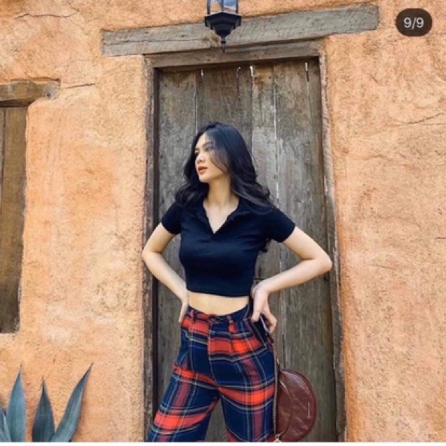 Áo thun croptop cổ bẻ trơn | BigBuy360 - bigbuy360.vn