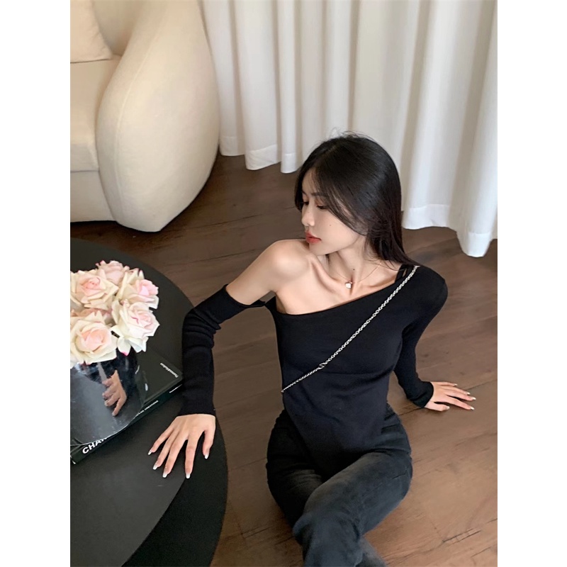 Kumikumi HUANG YOYO Áo Thun Tay Dài Lệch Vai Dáng Ôm Thời Trang Hàn Quốc Dành Cho Nữ croptop