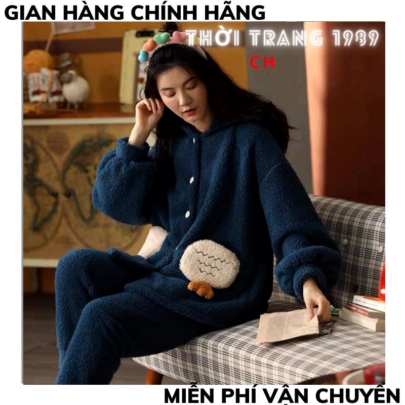 Bộ ngủ lông cừu nữ 🍀bộ lông khuy cài túi cà rốt hàng QC dày mềm mịn tay giữ nhiệt tốt ,bộ ngủ form rông hàn quốc TT1989 | BigBuy360 - bigbuy360.vn